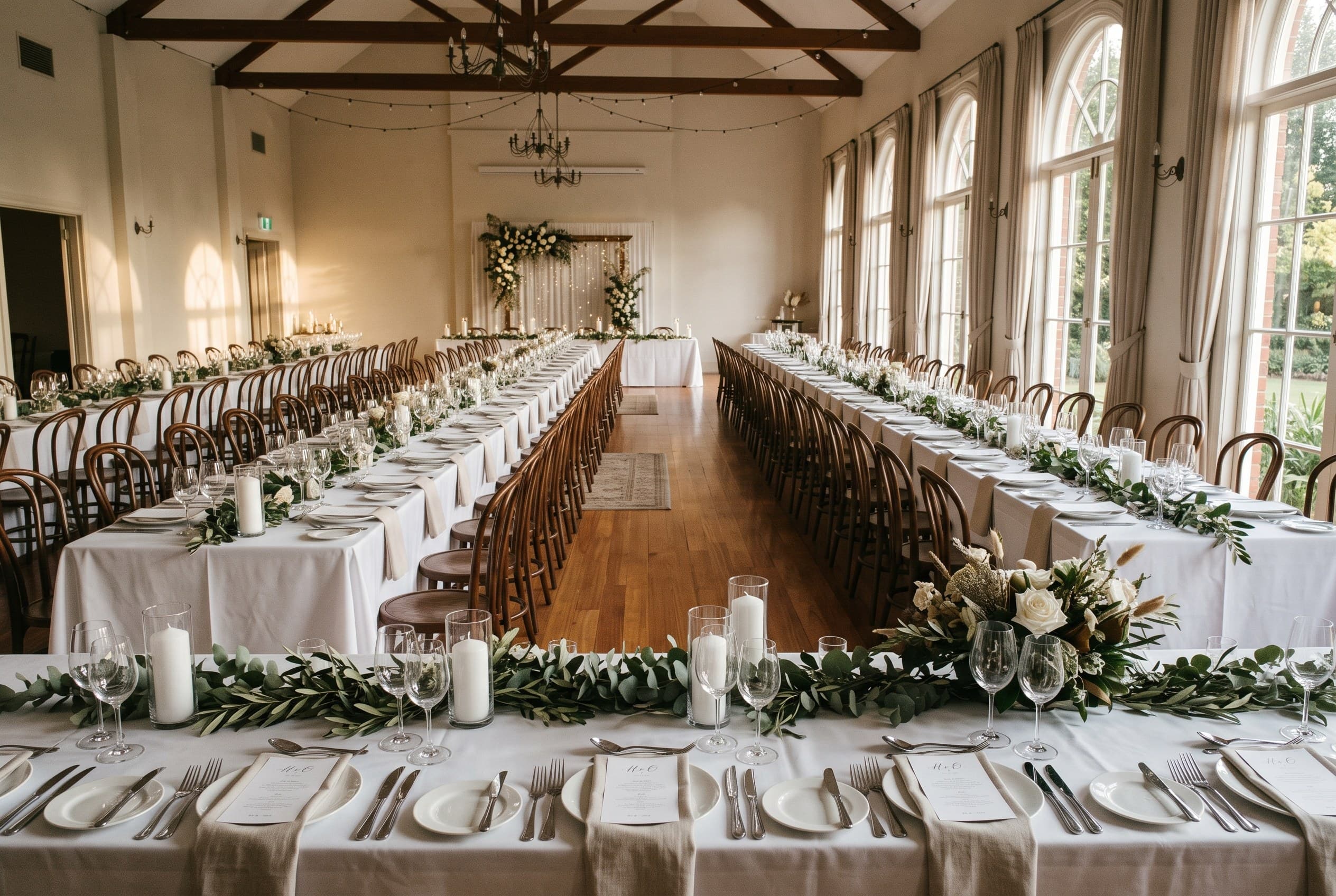 An empty ballroom set for a wedding reception at blue hour, candles lit down a long aisle of tables