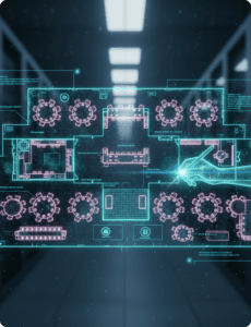 Glowing tech schematic in dark room