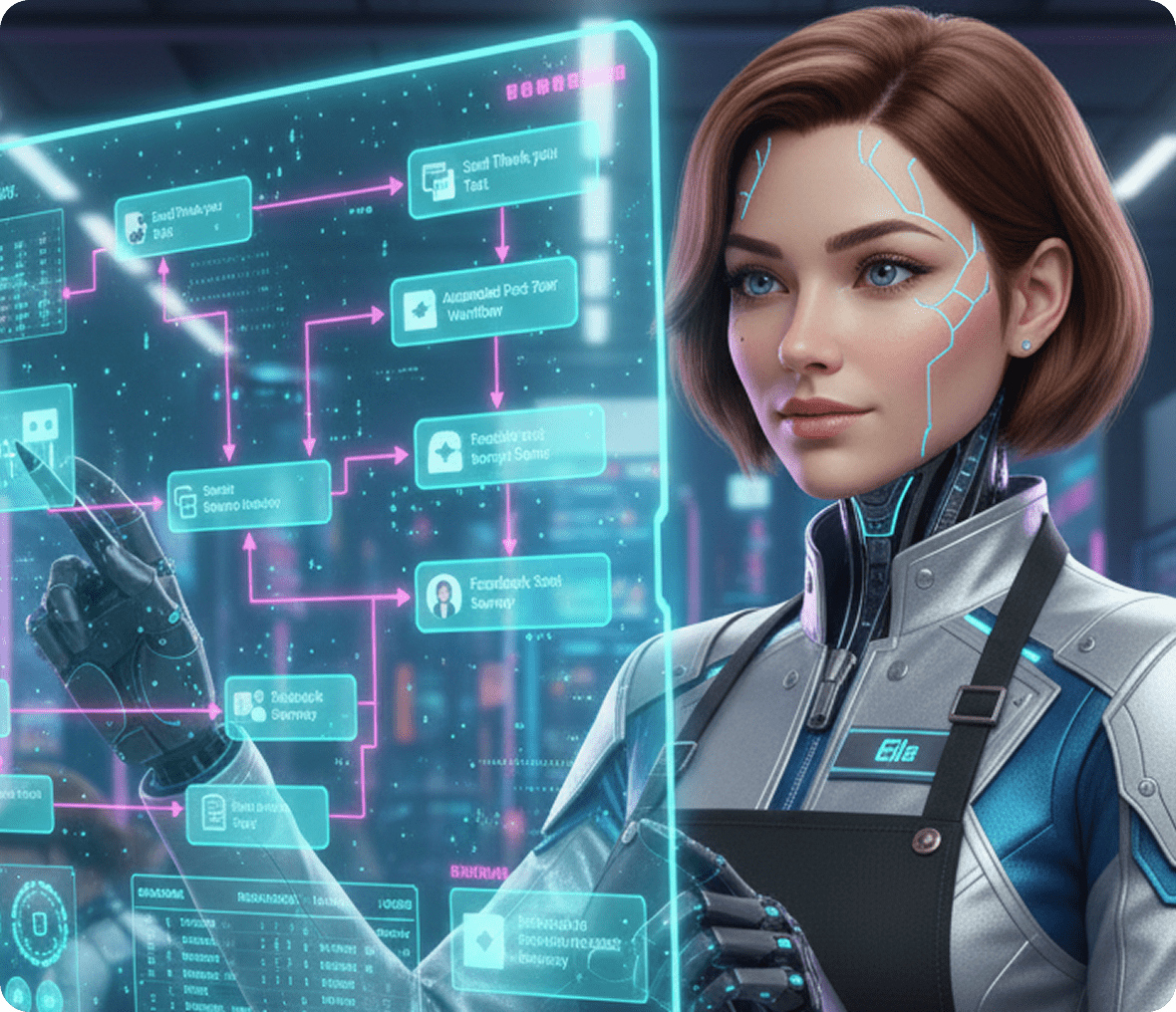 Female cyborg analyzes digital data display