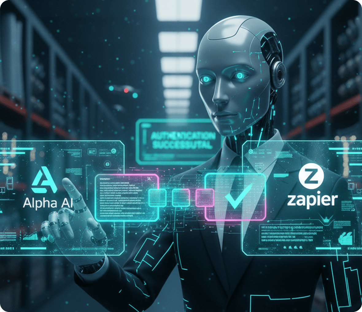 Cybernetic figure in a tech environment