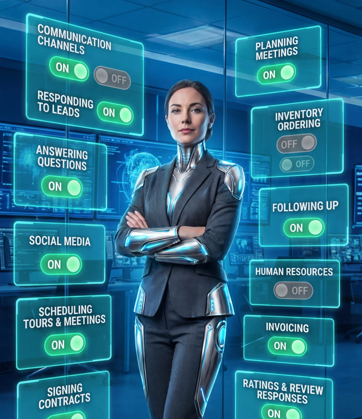 Cyborg overseeing virtual task board
