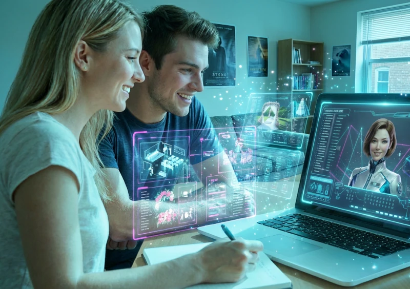 Smiling pair using advanced technology on laptop