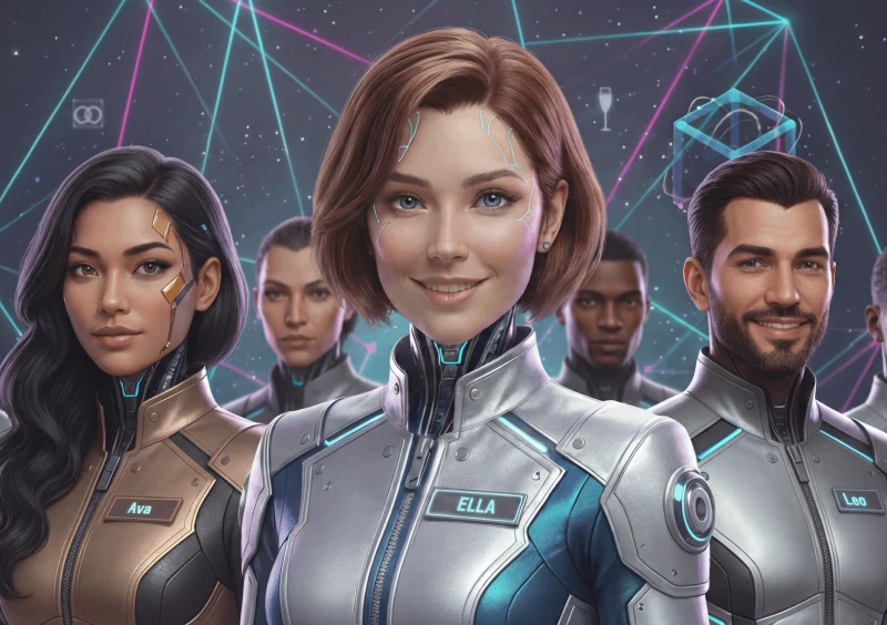 Futuristic team in sci-fi attire