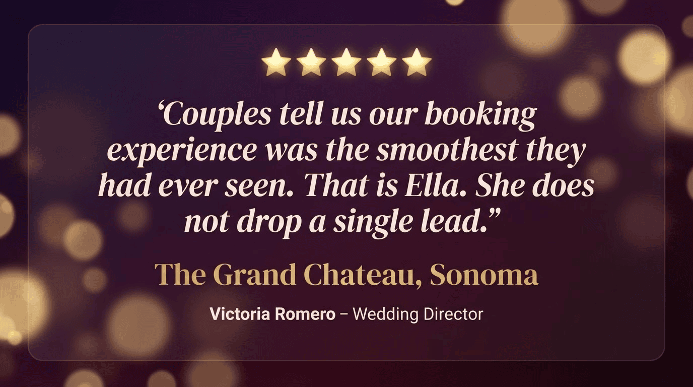 "Couples tell us our booking experience was the smoothest they had ever seen. That is Ella. She does not drop a single lead." — Victoria Romero, Wedding Director